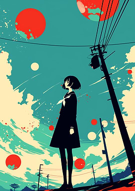 Anime Girl Under a Sky of Red and White