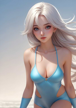 Anime Girl in Blue Swimsuit