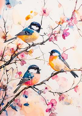 Birds on Branch with Blossoms