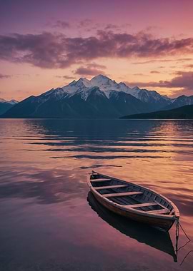 Sunset Boat on Mountain Lake