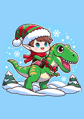 Christmas Elf Riding Dinosaur