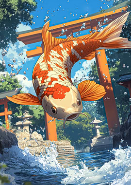 Koi Fish Jumping Through Torii Gate