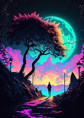 Silhouette Under Neon Moon