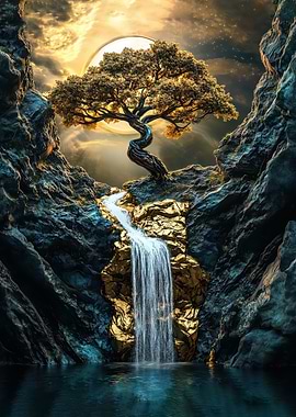 Golden Waterfall in a Mystical Canyon