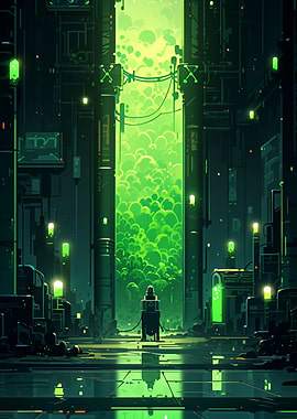 Cyberpunk Cityscape with Green Glow