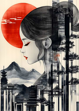 Japanese Woman with Mountain Landscape