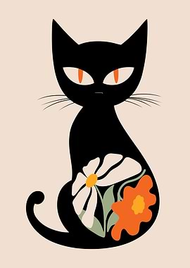 Boho Floral Black Cat Art Print