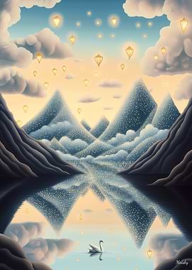Surreal Mountain Reflection with Floating Lanterns and Swam