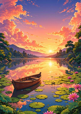 Sunset Lake with Boat