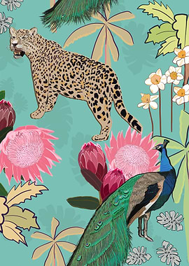 Leopard, Peacock, and Flowers
