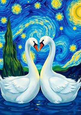 Swans Under Starry Night