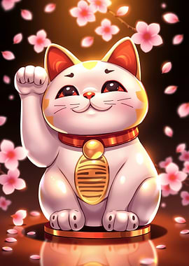 Lucky Cat with Cherry Blossoms