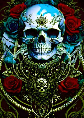 Skull with Roses and Ornate Design