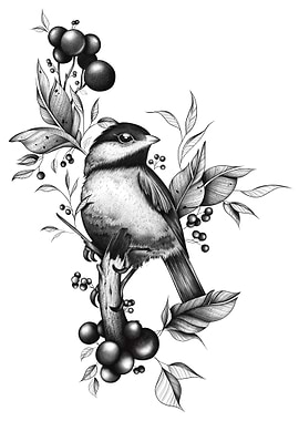 Chickadee on Branch with Berries