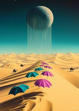 Surreal Desert with Umbrellas and Dripping Moon