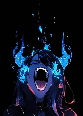 Anime Demon Girl with Blue Flames