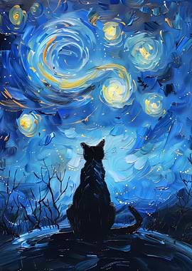 Cat Under Starry Night