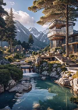 Mountain Retreat with Waterfall