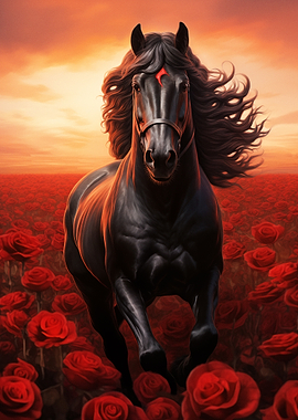 Black Horse in Rose Field