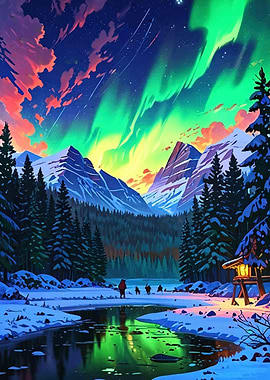 Aurora Borealis Mountain Scene