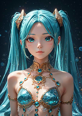 Anime Girl with Blue Hair and Jewels