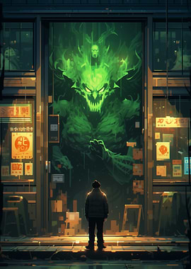 Green Demon in Cityscape