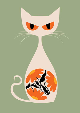 Boho Cat Art Print Beige on Green