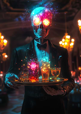 Skeleton Bartender with Glowing Drinks