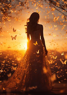 Woman in Sunset with Butterflies