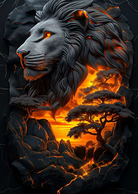 Lion in Lava Landscape
