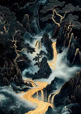 Golden River Through Mountains