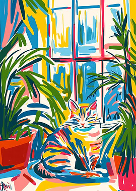 Vibrant Fauvist Cat in a Lush Sunlit Room