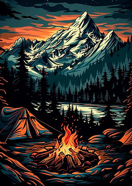 Campfire Under Mountain