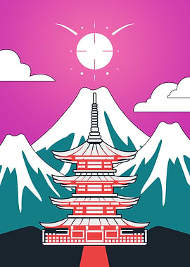Neon Japanese Pagoda & Fujiyama Mountain