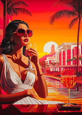 Pop Art Glamorous Woman at Sunset with Wine