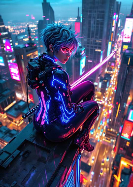 Cyberpunk Cityscape with Female Figure