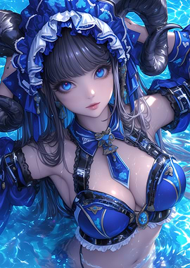 Anime Girl in Blue Swimsuit Gaming