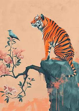 Tiger and Bird on Cliff