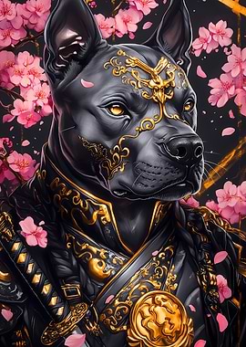 Samurai Dog with Cherry Blossoms