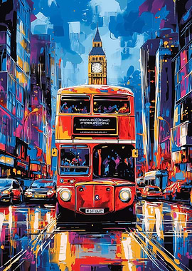 Pop Art London Bus with Big Ben Backdrop