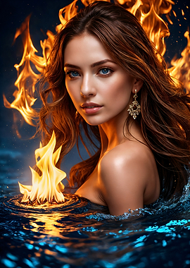 Enchanting Girl Blending Fire and Water