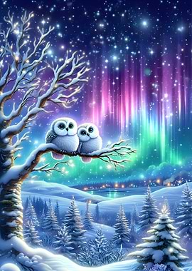 Snowy Owl Couple Under Aurora Borealis