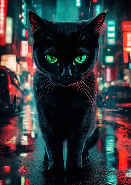 Black Cat in Neon City