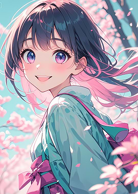 Smiling Anime Girl in Cherry Blossoms
