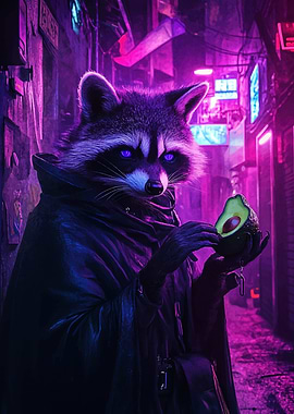 Raccoon in Neon Alley