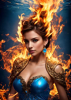 Digital Art: Girl, Fire, and Water Balance