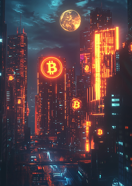 Bitcoin Neon Skyline Cityscape