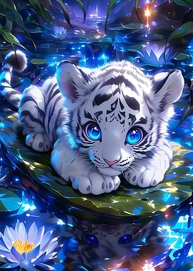 White Tiger Cub in Water Lilies