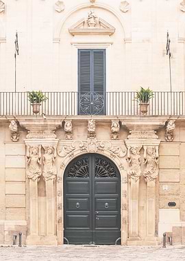 Puglia, Italy I Photography of Baroque facade and a majestic door with the charm of Italian streets for geometric fans architecture composition in Rome or Haussmann aesthetic in Paris Rome or Milan