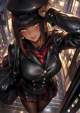 Anime Girl in Black Uniform Gaming